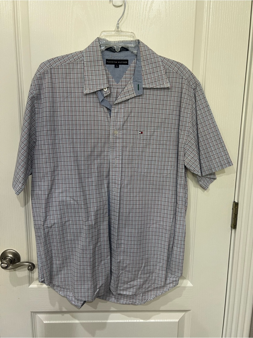 Tommy Hilfiger Light Blue and Navy Plaid Short-Sleeve Button Shirt